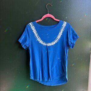Blue Short Sleeve Top with White Embroidery
